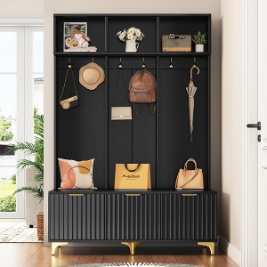 TIRAMISUBEST Modern Hall Tree with Storage Bench & 6 Gold Hooks - Entryway Organizer, High Gloss Fluted Doors, Black - 1 of 4