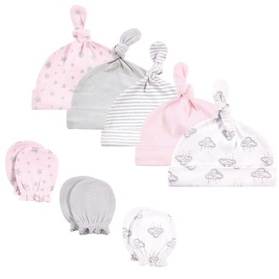 Hudson Baby Infant Boy Cotton Cap and Scratch Mitten Set, Cloud Mobile Pink, 0-6 Months