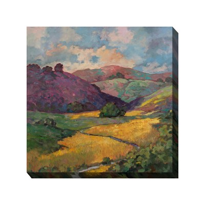 Cottage Garden West of The Wind Golden Hillside Yellow, Purple, Green 24 x 24 Inch Waterproof Gallery Wrapped Canvas, Outdoor Garden, Yard, Patio All