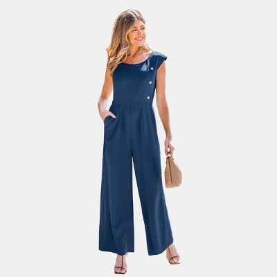Women's Chic Button-Down Wide Leg Jumpsuit - Cupshe-L-Blue