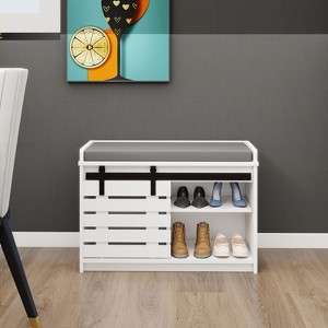 VYNXARIA Modern 2-Tier Shoe Storage Bench with Sliding Barn Door & Removable Cushion - White - 1 of 4