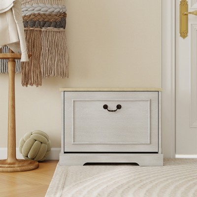 AndMakers 17.71 in. H x 23.62 in. W Antique White Shoe Cabinet with 1 Flip Drawer and Adjustable Shelf