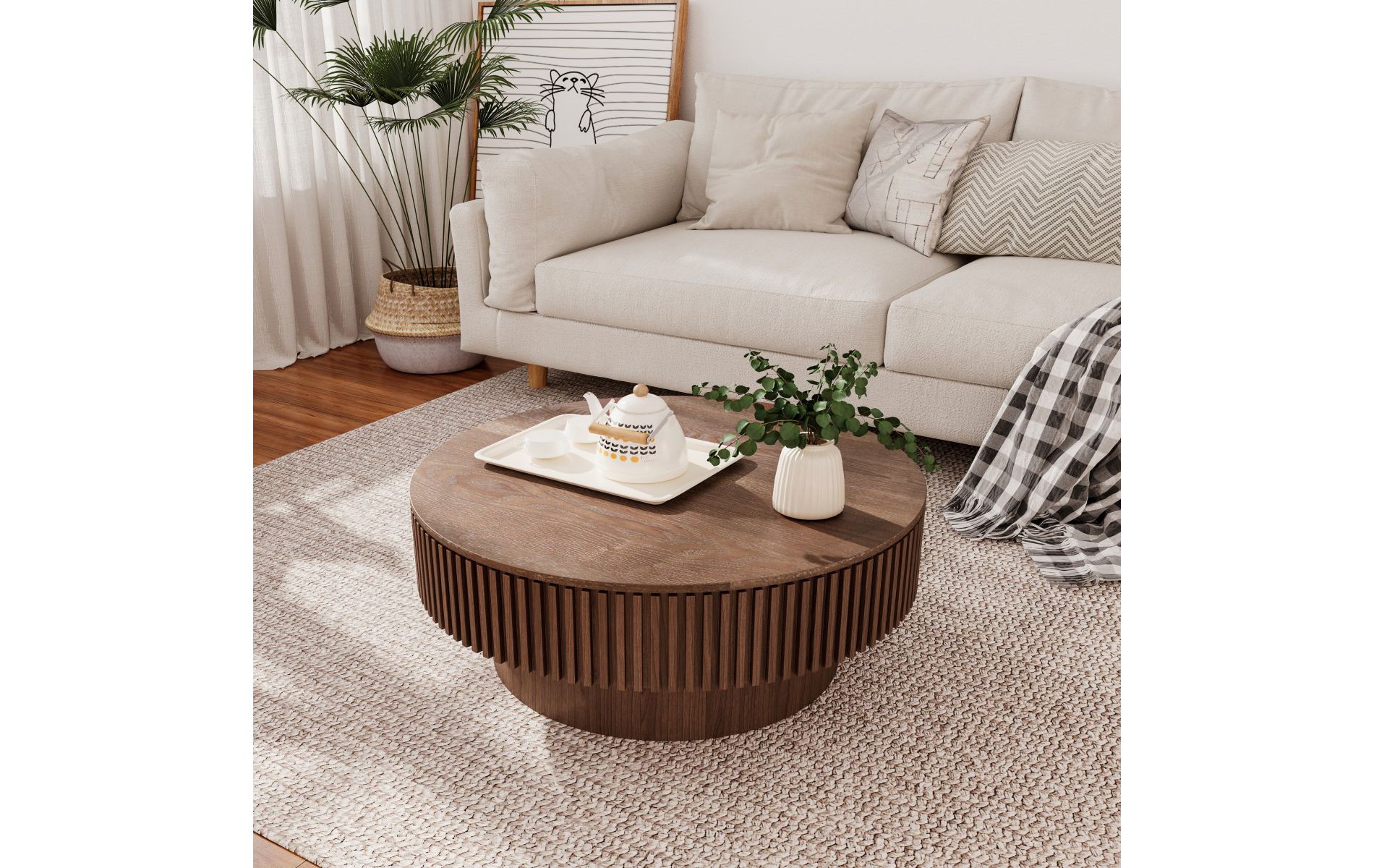 Walnut 31'' Round Solid Wood Coffee Table,Coffee Table With Storage And Solid Wood Veneered,Accent Tea Table For Living Room,Bedroom-Coolbibila