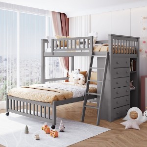 Twin over Full Bunk Bed with Bottom Bed with Wheels, 6 Storage Shelves & Adjustable Shelves - ModernLuxe - 1 of 4