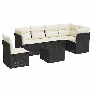 vidaXL 7 Piece Patio Sofa Set with Cushions Black Poly Rattan - Black and Cream With Table - 1 of 4