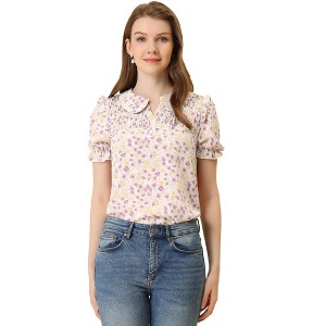 INSPIRE CHIC Women's Peter Pan Collar Smocked Puff Short Sleeve Ruffle Floral Blouse - 1 of 4