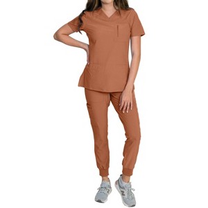 Medgear Fleur Women's Stretch Scrub Set with Zip Chest Pocket Top and Knit Rib Cuffs Jogger Pants, More Colors - 1 of 4