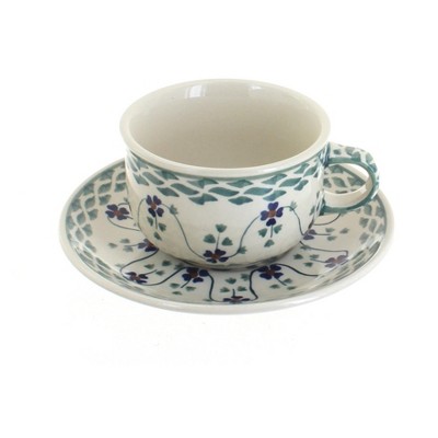 Blue Rose Polish Pottery Sage Floral Cup & Saucer