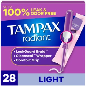 Tampax Radiant Light Absorbency Plastic Applicator and LeakGuard Braid Unscented Tampons - 28ct - 1 of 4