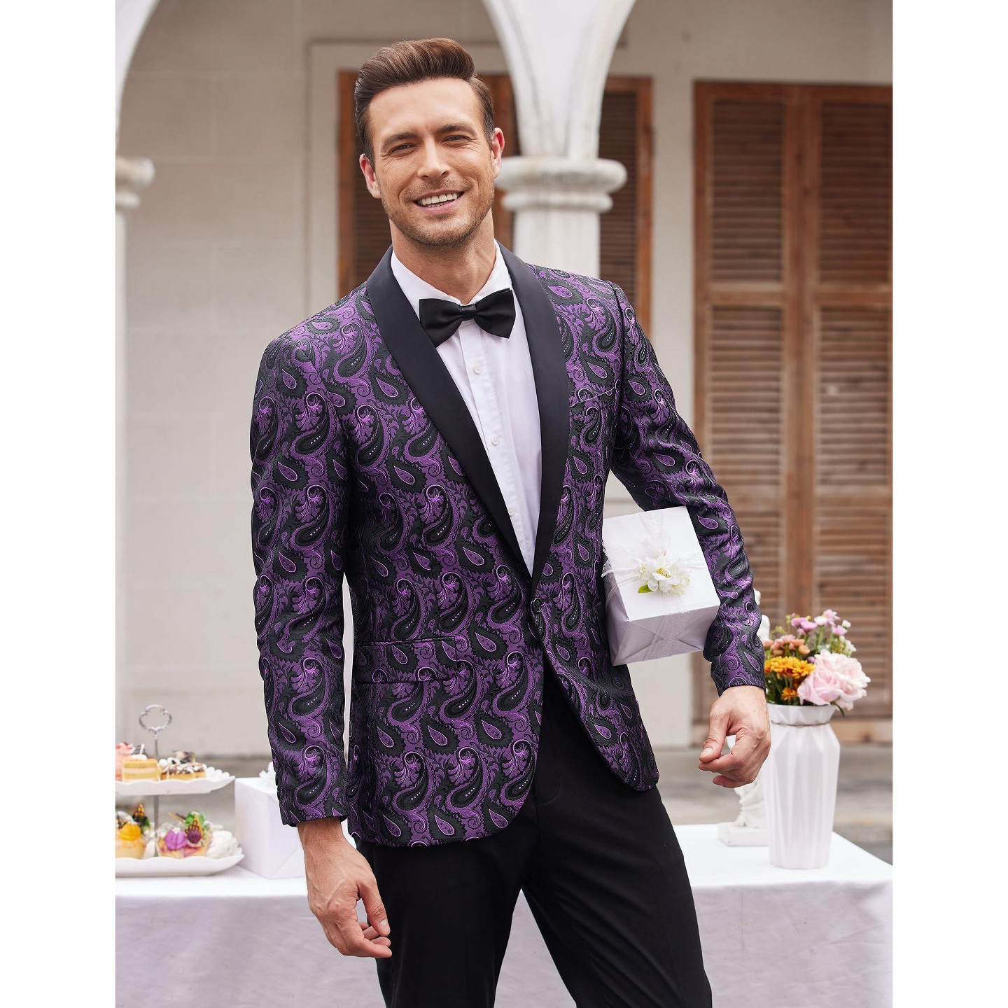 Мужской пиджак COOFANDY Floral Tuxedo Jacket Paisley Shawl Lapel Suit Blazer Jacket for Dinner Purple, цвет: С принтом — фото 3