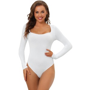 Allegra K Women's Long Sleeve Slim Fit Stretchy Square Neck Leotard Jumpsuit - 1 of 4