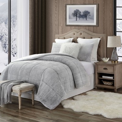 Navy King Reversible Faux Fur Comforter Set with Sherpa