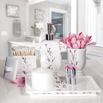 White Ceramic Floral 4-Piece Bathroom Accessory Set