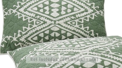 Aisha Green and Gray Cotton King Quilt Set