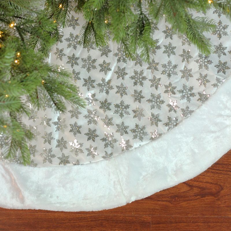 Northlight 60" White and Silver Sequin Snowflake Christmas Tree Skirt with Faux Fur Border, 2 of 4
