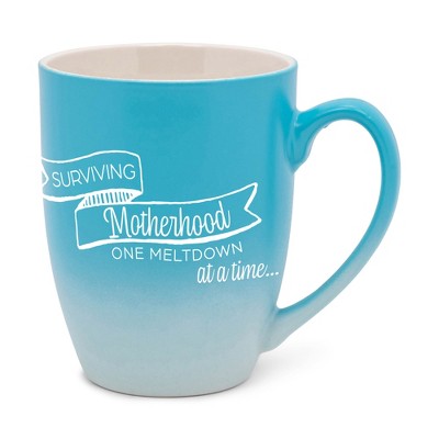 Elanze Designs Surviving Motherhood One Meltdown At A Time Two Toned Ombre Matte Teal and White 12 ounce Ceramic Stoneware Coffee Cup Mug