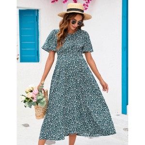 Coolmee Women's Maternity Dress Floral Ruffles Short Sleeve Dress Boho Smocked Scoop Neck Midi Dress for Photoshoot Baby Shower - 1 of 4