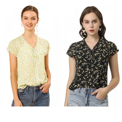 Allegra K Women's Floral Chiffon V Neck Ruffled Short Sleeve Shirt 2 Packs