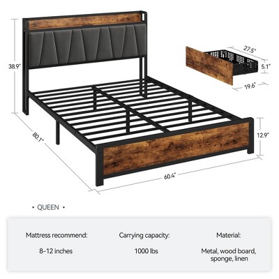 Full Size Bed Frame with Storage Linen Upholstered Headboard, 4 Drawers Platform Bed Frame