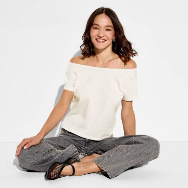 Women’s Loose Off the Shoulder Short Sleeve T-Shirt – Wild Fable™ Cream XXS