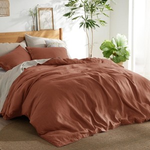 3 Pieces Linen Soft & Cozy Duvet Cover Linen Cotton Blend Bedding Set Tropical Plants Beige Color Cooling Bedding - 1 of 4