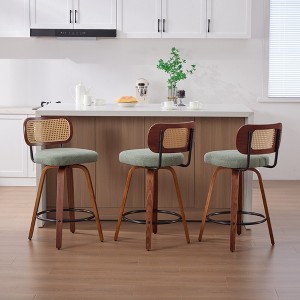 GDFStudio Sean 25.59" Faux Leather Upholstered Rattan Back Swivel Bar Stool with Footrest - 1 of 4