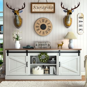 ALAULM Fireplace TV Stand for up to 75" TV, Farmhouse Entertainment Center for Living Room w/Storage Shelves, Remote Control, White - 1 of 4