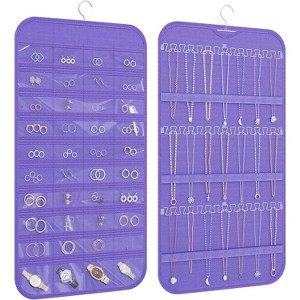 Double-Sided Hanging Jewelry Organizer with 40 Pockets & 36 Hooks, Wall Mounted Storage for Necklaces & Earrings, White Purple - 1 of 4