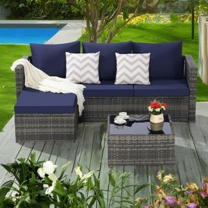 3-Pieces Outdoor Patio L-Shaped Sectional Sofa Set with Glass Coffee Table - 1 of 4