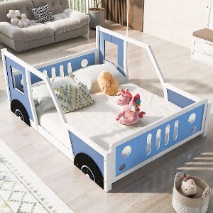 CAVINAS Kids Classic Car-Shaped Platform Bed Frame, Pine Wood Twin Size Bed Frame with Decorative Wheels, Toddler Bed, Slatted Rail Supports - 1 of 4