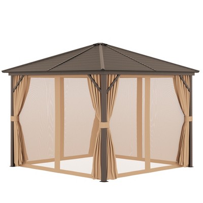 Light Brown 10x10 Hardtop Gazebo with Aluminum Frame and Curtains