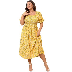 Womens Plus Size Ruffle Dress Square Neck High Wasit Smocked Dress Summer Casual Dress with Lantern Sleeve - 1 of 4