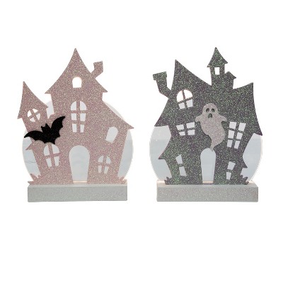 Transpac MDF LED Glitter Haunted House Set of 2 Decorative Sculptures for Halloween Tabletop Decor Multicolor Battery Operated Prelit LED Indoor Use