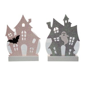 Transpac MDF LED Glitter Haunted House Set of 2 Decorative Sculptures for Halloween Tabletop Decor Multicolor Battery Operated - 1 of 1