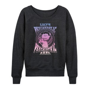 Women's - Peanuts - Lucys Pychiatric Band Lightweight French Terry Wide Neck Long Sleeve Shirt - 1 of 4