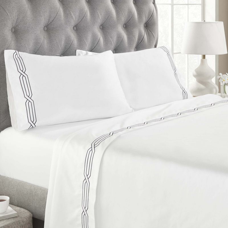 Luxury 1200 Thread Count Premium Cotton Geometric Scroll Embroidered 4 Piece Bed Sheet Set by Blue Nile Mills, 2 of 8
