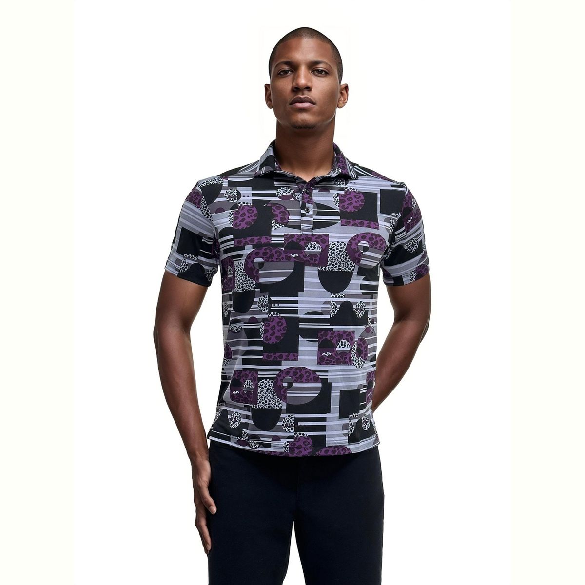 24seven men Wrinkle Resistant 3 Button Machine Washable Retro Purple Polo Shirt
