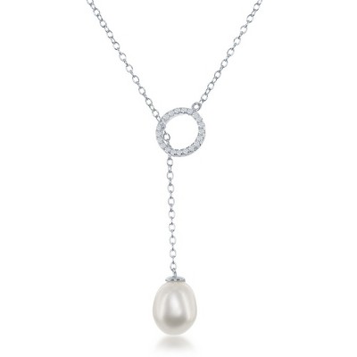Bella Silver Sterling Silver CZ Circle with Teardrop Freshwater Pearl Adjustable Bolo Necklace - White - 24 Inch