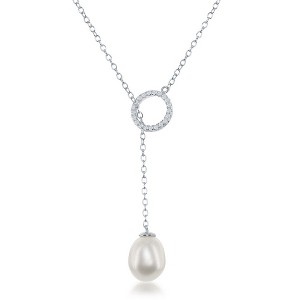 Bella Silver Sterling Silver CZ Circle with Teardrop Freshwater Pearl Adjustable Bolo Necklace - White - 24 Inch - 1 of 3