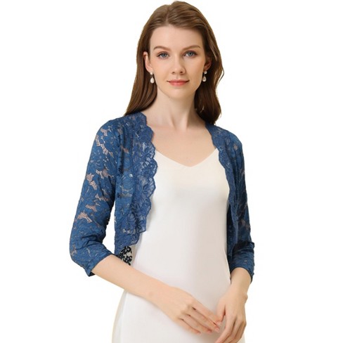 Allegra K Women's Elegant 3/4 Sleeve Sheer Floral Lace Shrug Night Blue ...