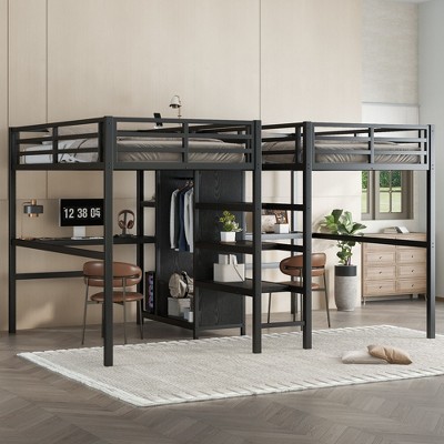 Twin Over Twin Metal Loft Bed with Double Desk and Wardrobe and Shelves with Electrical Outlet for Space Saving and Noise Reduction,Black