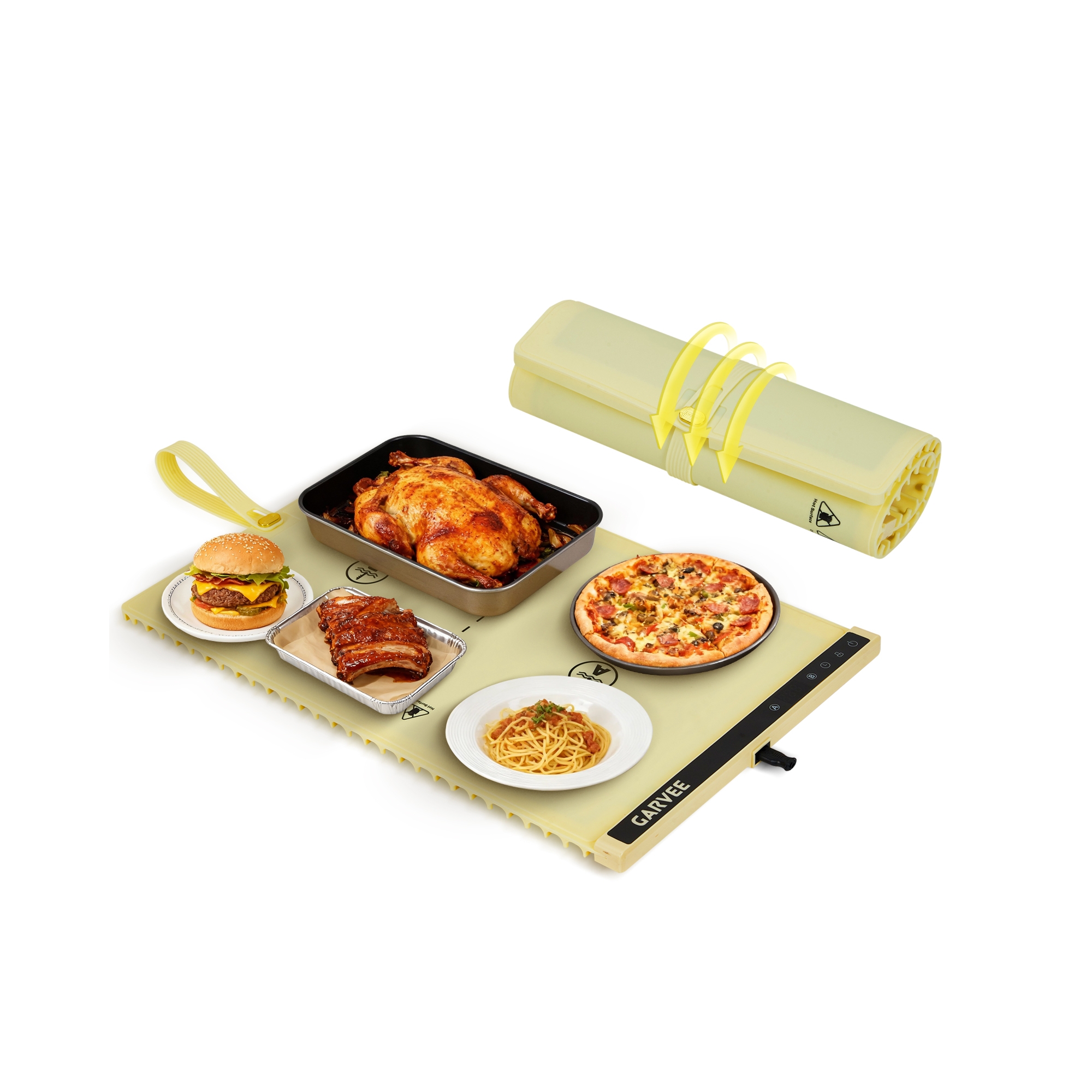 Dual Zone Food Warming Mat, 6 Adjustable Temperature Settings, Timer, Rollable Silicone Countertop & Buffet Tray, Portable for Catering, Parties
