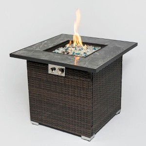 Resenkos 30" Propane Gas Fire Pit Table, 50000 BTU Square Fire Pit, Tile Tabletop with Beautiful Wicker Base, Brown - 1 of 4