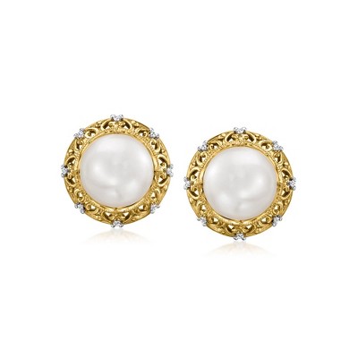 Ross-Simons 9-9.5mm Cultured Pearl Earrings With Diamonds in 18kt Gold Over Sterling