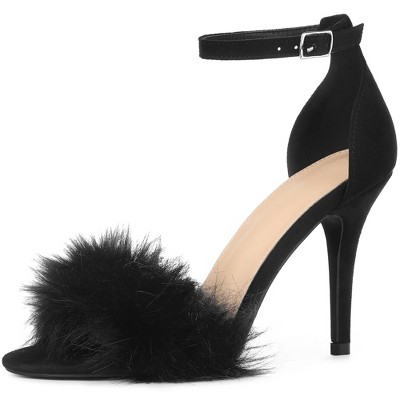 Allegra K Women's Faux Fur Ankle Strap Stiletto Heels Sandals