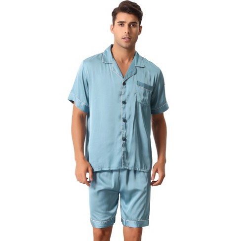 cheibear Men Satin Button Down Pajama Sets Short Sleeve Shirt and Shorts  Sleepwear Blue Small