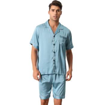 cheibear Men Satin Button Down Pajama Sets Short Sleeve Shirt and Shorts Sleepwear