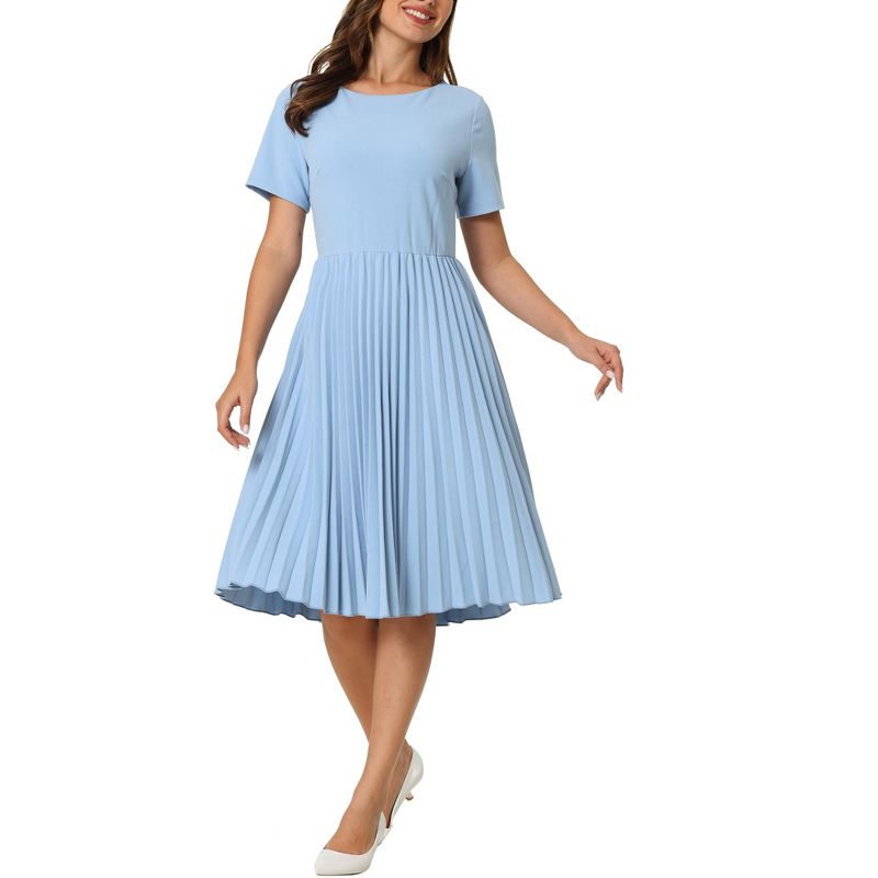 Hobemty Women's Pleated Knee Length Short Sleeve Work A-Line Dress, 2 of 5