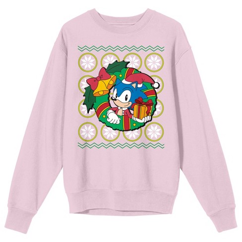 Sonic The Hedgehog Sonic Christmas Wreath Crew Neck Long Sleeve Cradle Pink  Adult Sweatshirt-Small