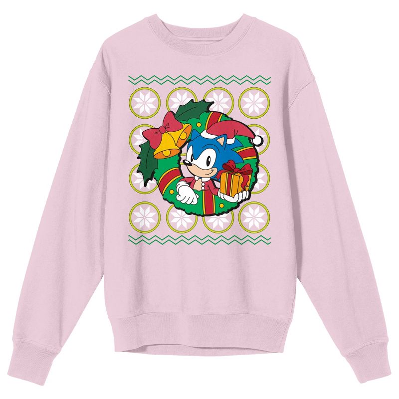 Sonic The Hedgehog Sonic Christmas Wreath Crew Neck Long Sleeve Cradle Pink Adult Sweatshirt, 1 of 3